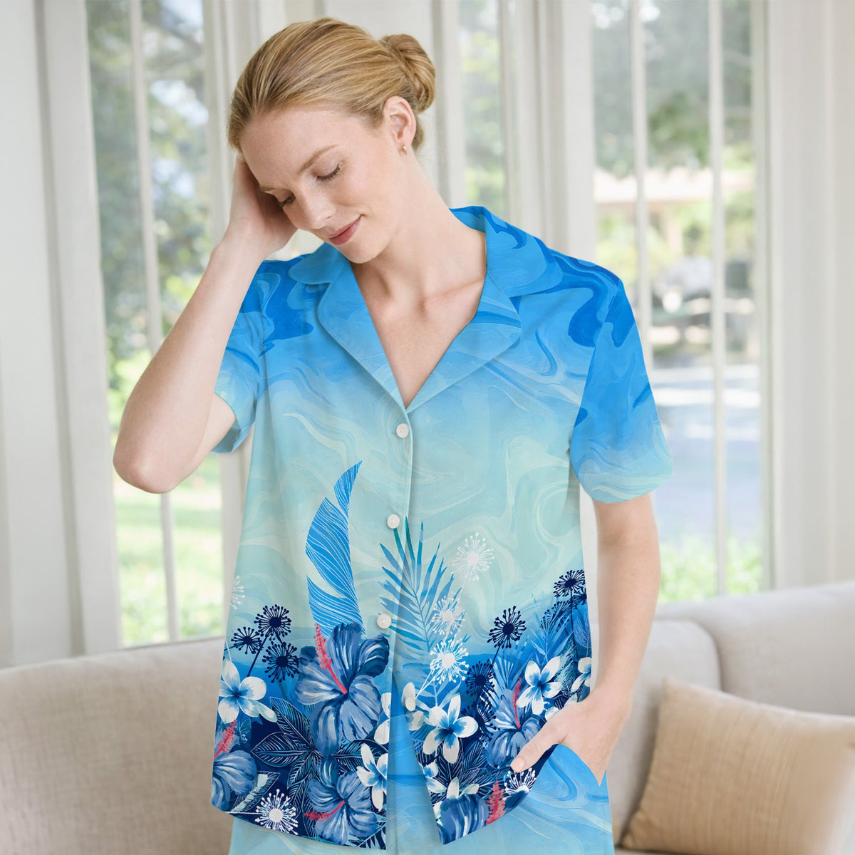 Elegant Blue Tropical Floral Pajama Set