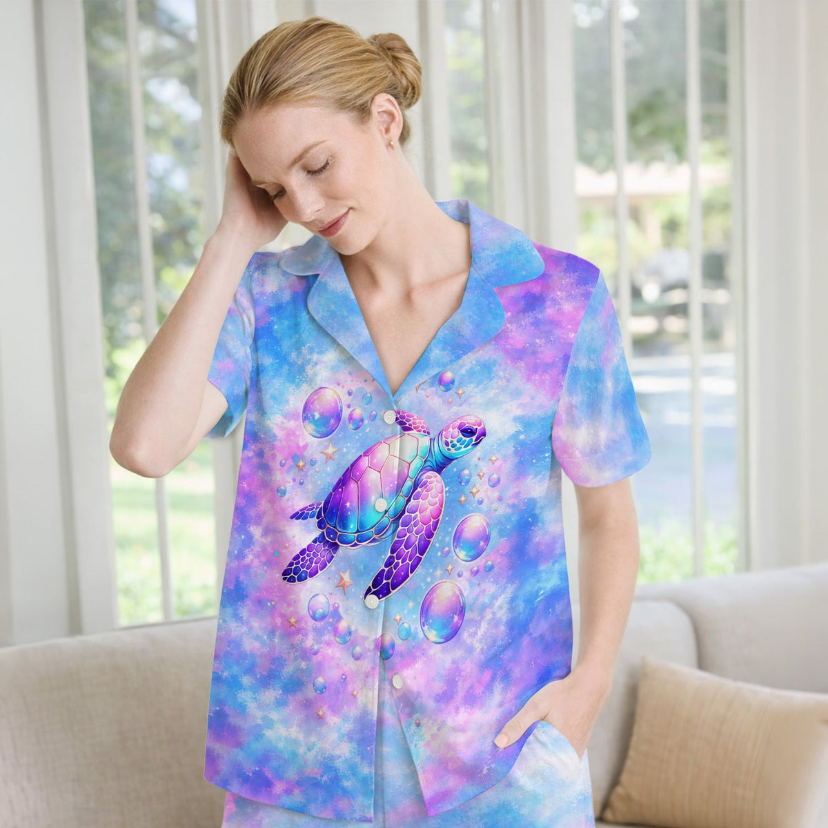 Pastel Galaxy Sea Turtle Bubble Nurse Pajama Set