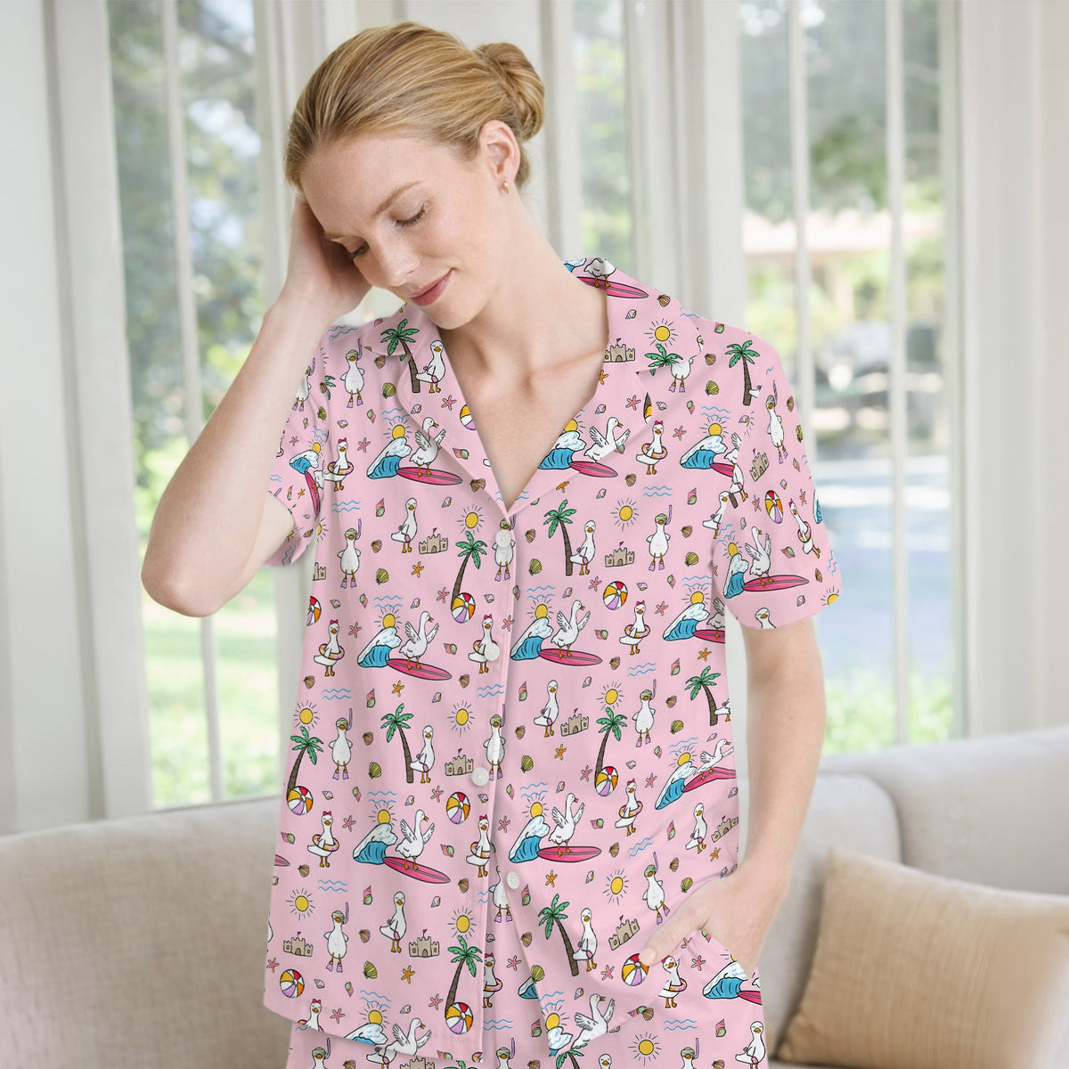 Seagull Surfboard Beach Palm Tree Pajama Set