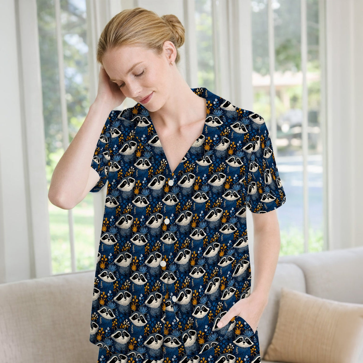 Raccoon Blue Floral Forest Pajama Set