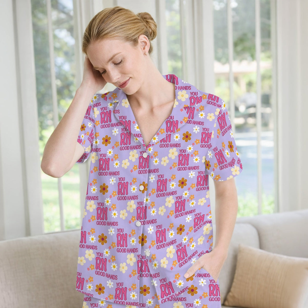 You RN Good Hands Floral Daisy Pajama Set