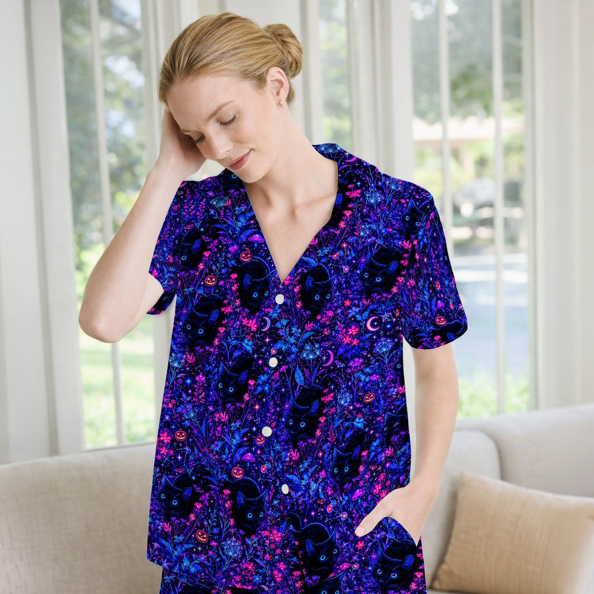 Spooky Black Cat Garden Pajama Set