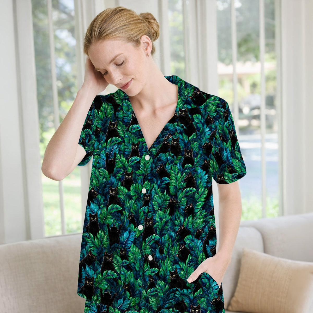 Black Cat Tropical Jungle Pajama Set