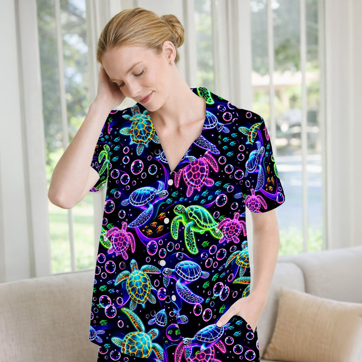 Neon Sea Turtle Bubble Nurse Pajama Set
