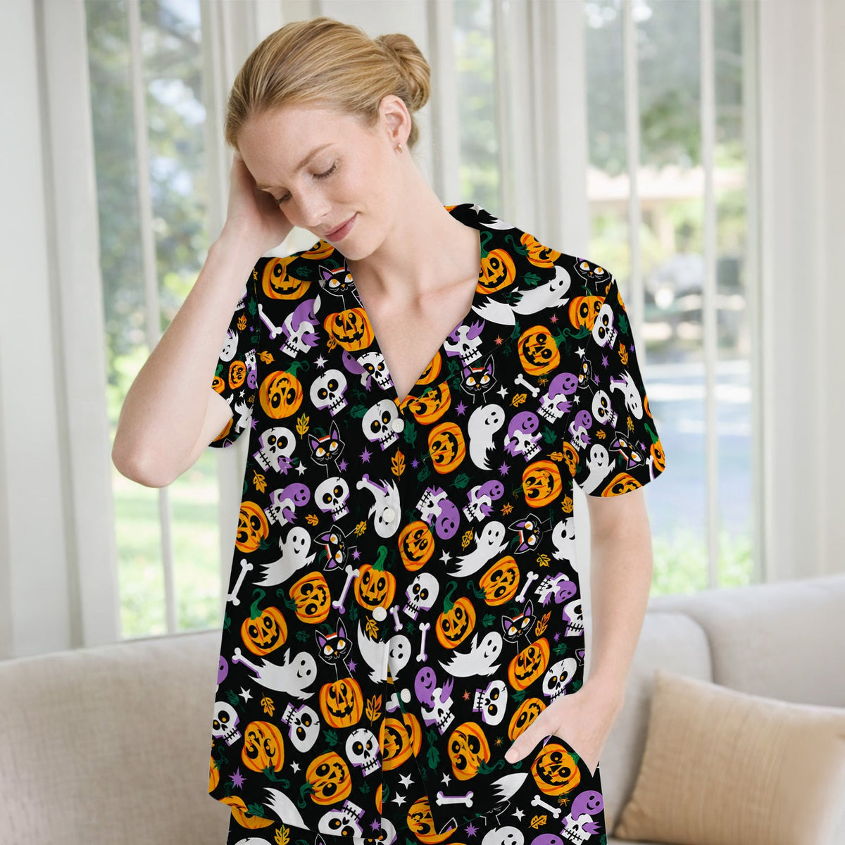 Spooky Pumpkin Ghost Print Pajama Set
