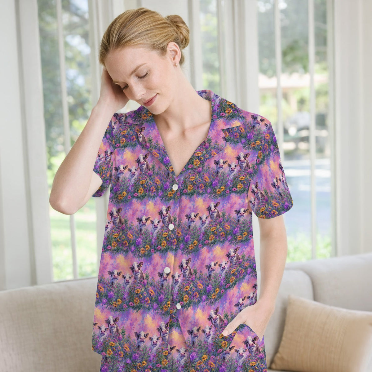 Pastel Cow Meadow Flower Nurse Pajama Set