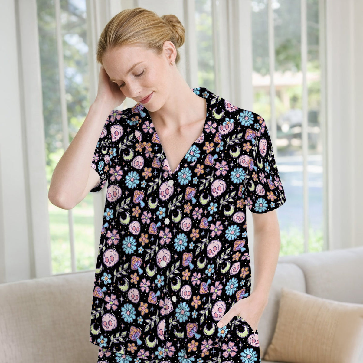 Neon Skull Mushroom Floral Nurse Pajama Set