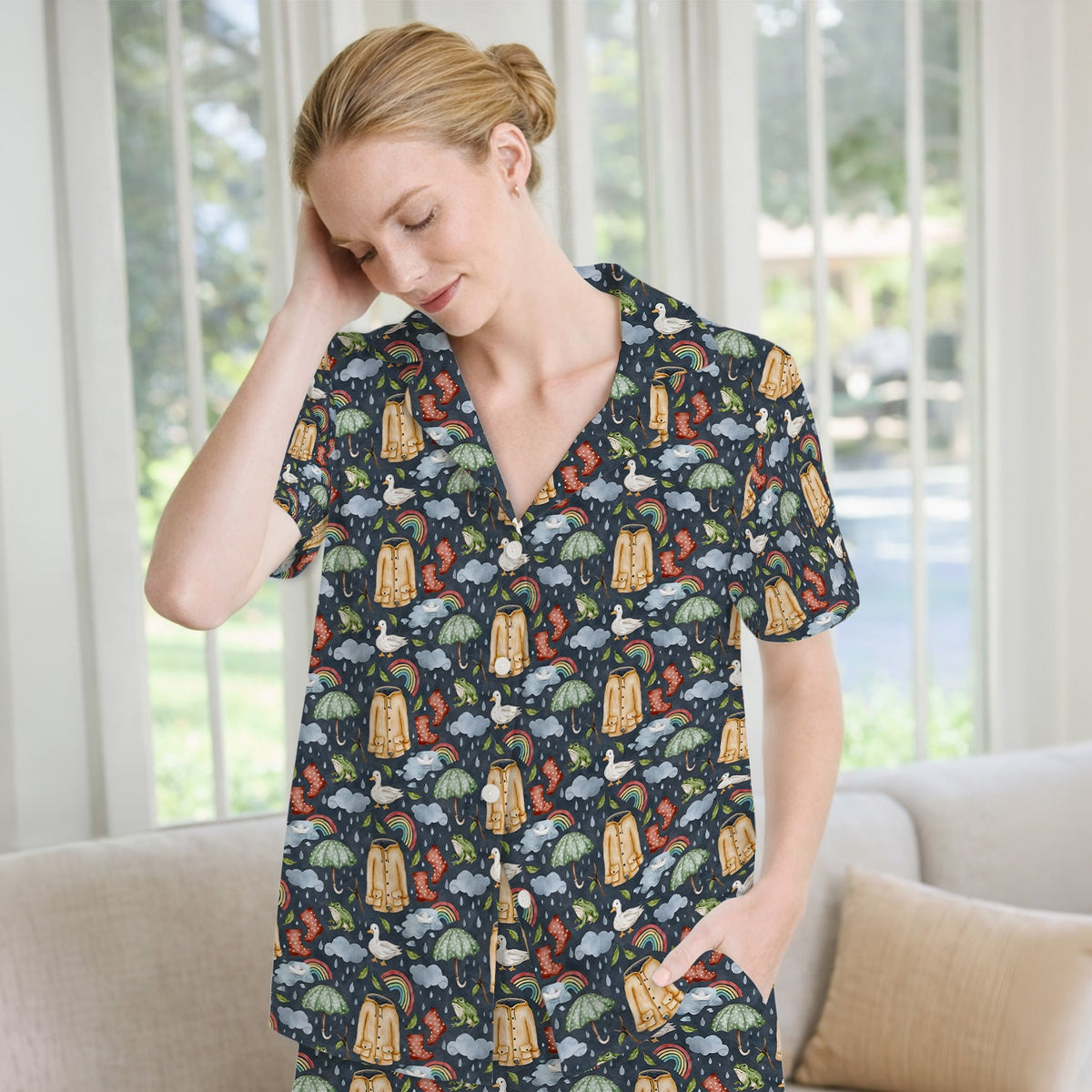 Rainy Day Ducks & Frog Nurse Pajama Set