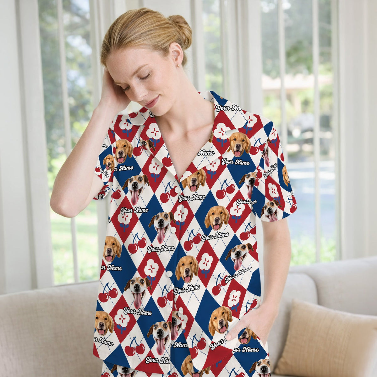 Dog Face Cherry Argyle Pajama Set