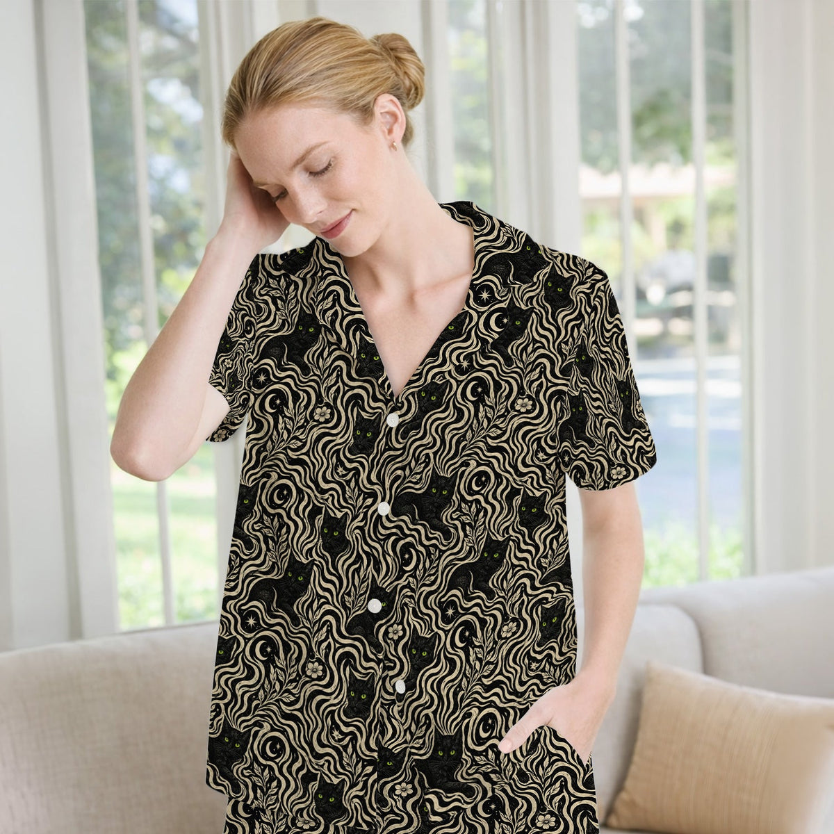 Mystical Black Cat Moonlit Pajama Set