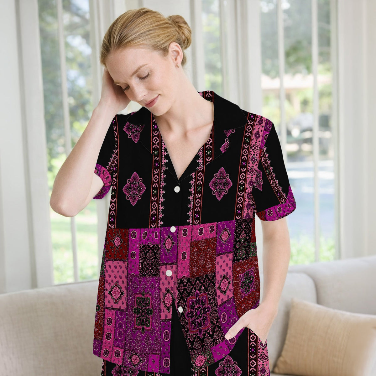 Boho Pink Bandana Patchwork Nurse Pajama Set