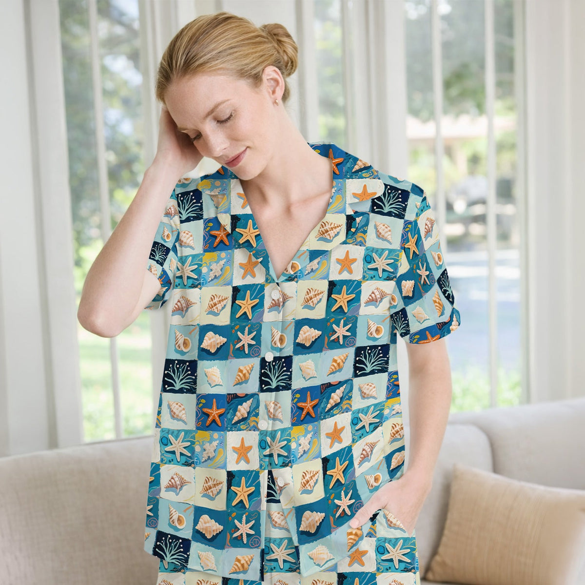 Seashell Starfish Ocean Tile Nurse Pajama Set