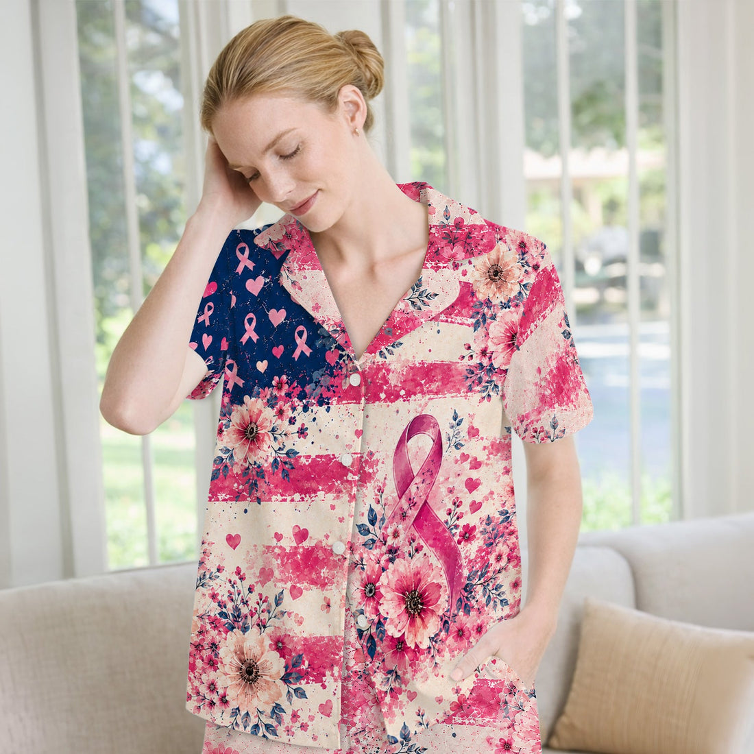 Breast Cancer Floral Flag Nurse Pajama Set