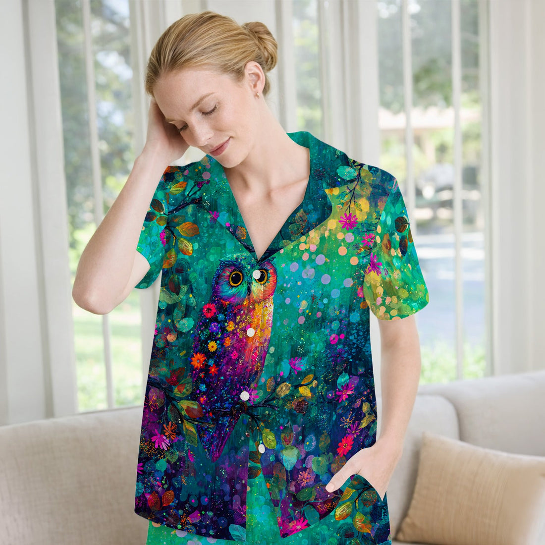 Vibrant Neon Owl Colorful Forest Pajama Set