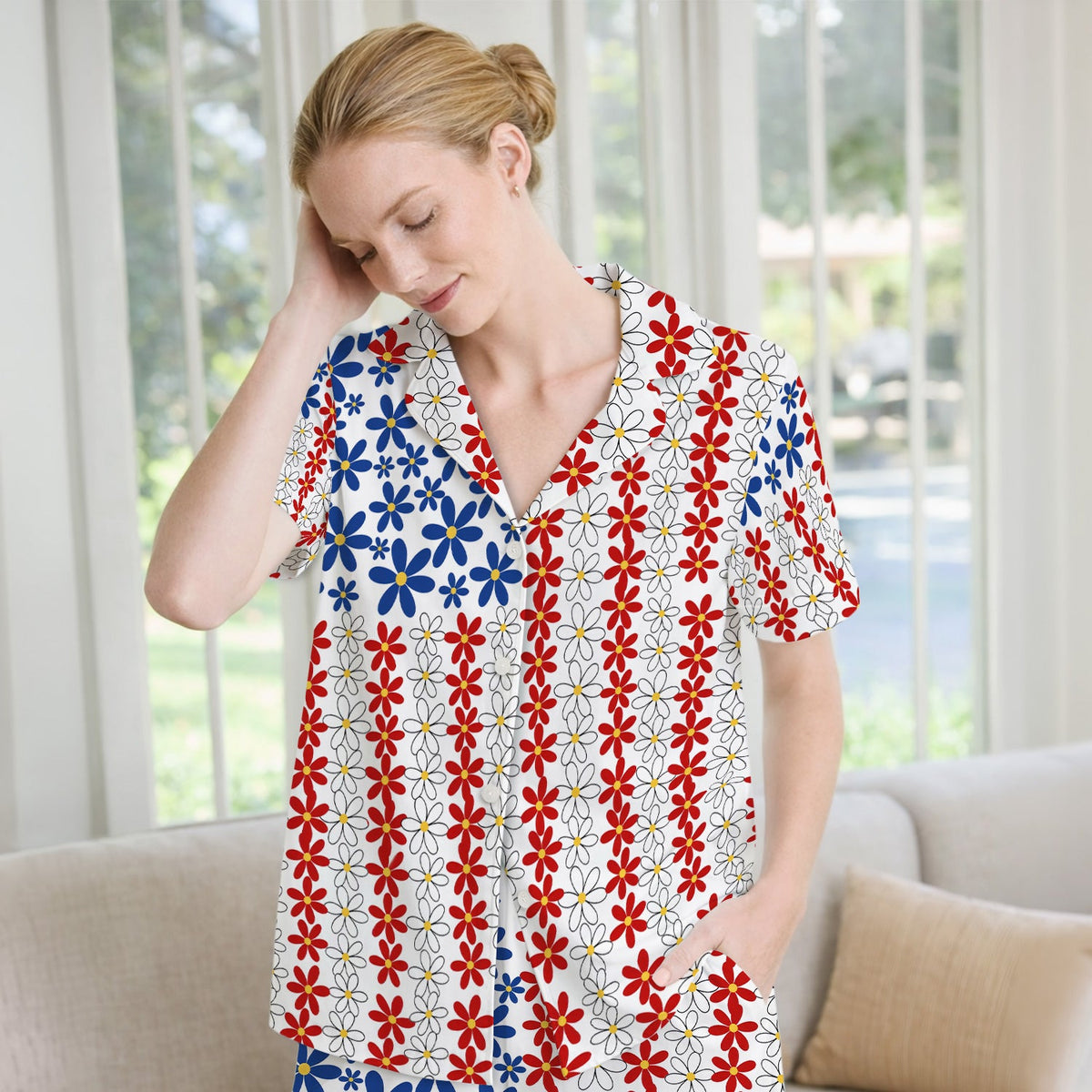 Retro Red Blue Daisy Pajama Set