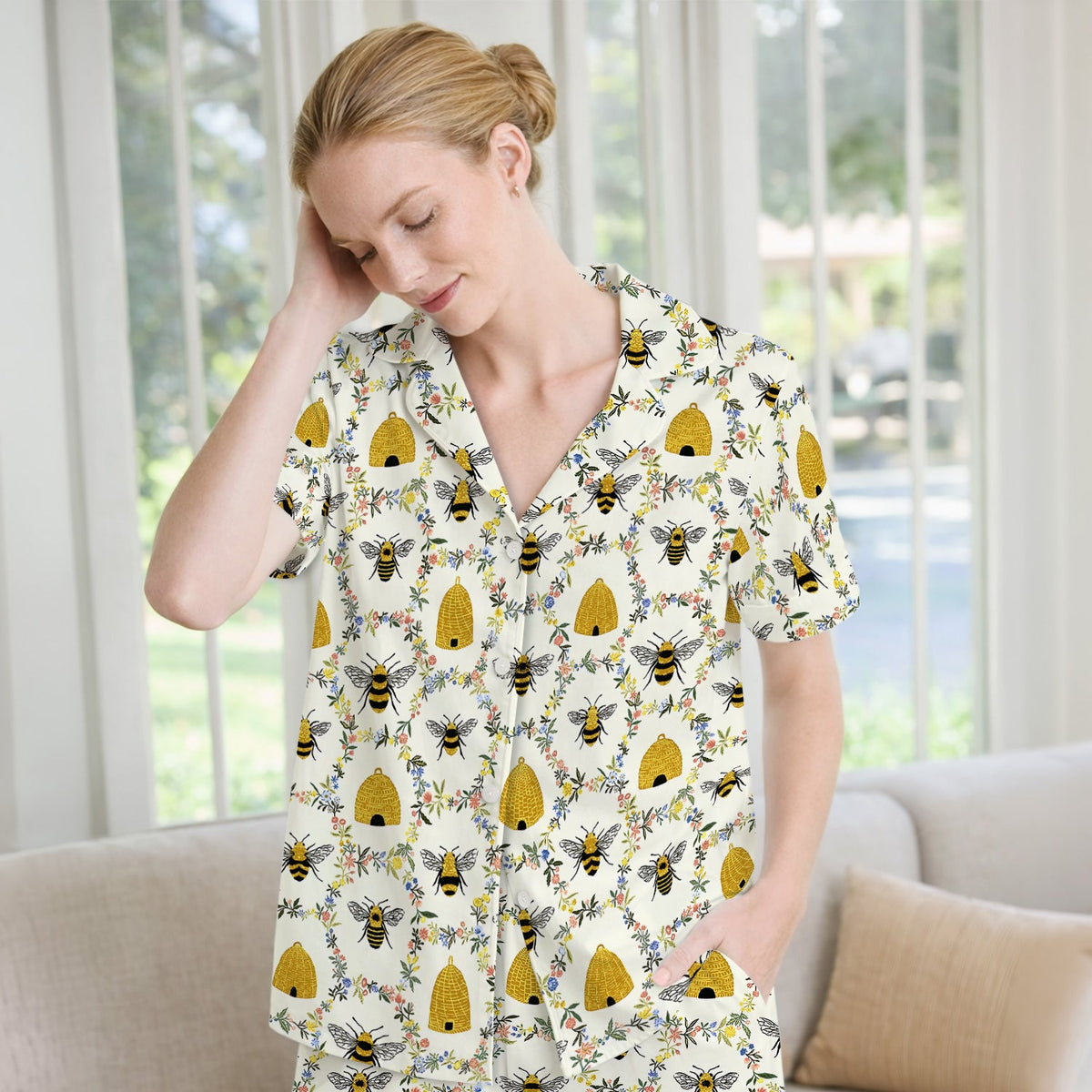 Honey Bee Beehive Floral Pajama Set For Nurse