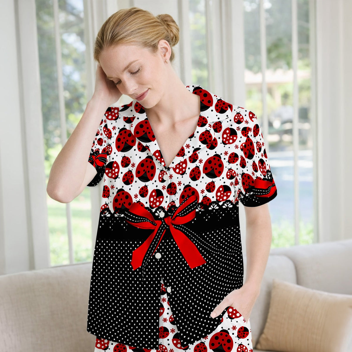 Ladybug Red Ribbon Polka Pajama Set