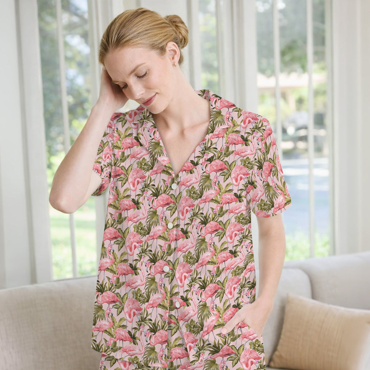 Pink Flamingo Jungle Leaves Pajama Set