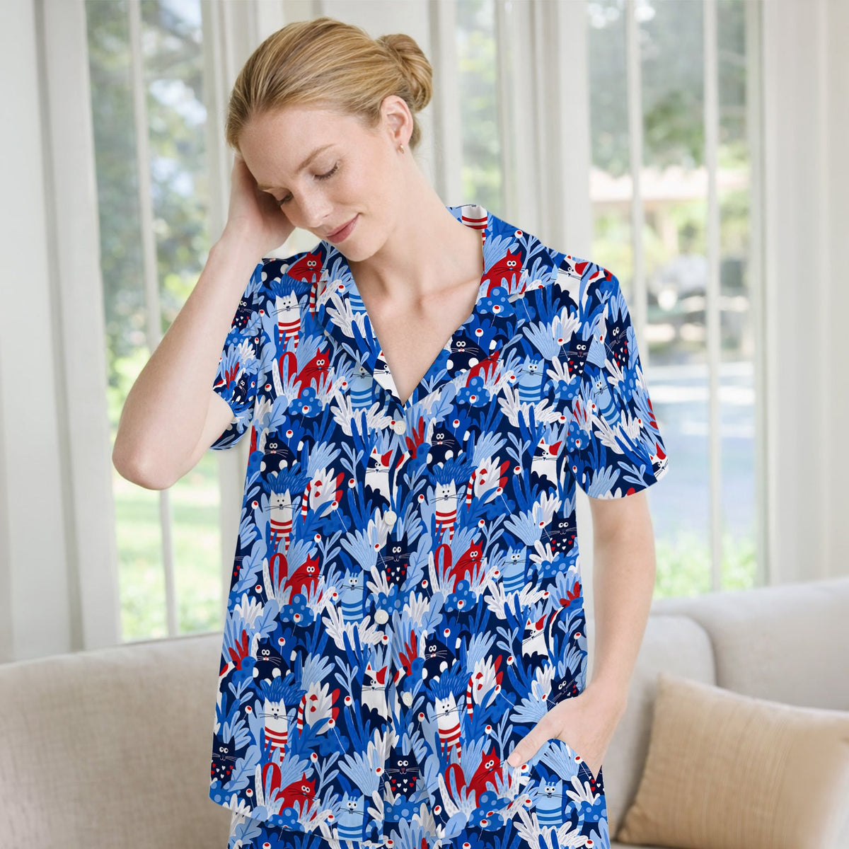 Cats Among Blue Foliage Nurse Pajama Set