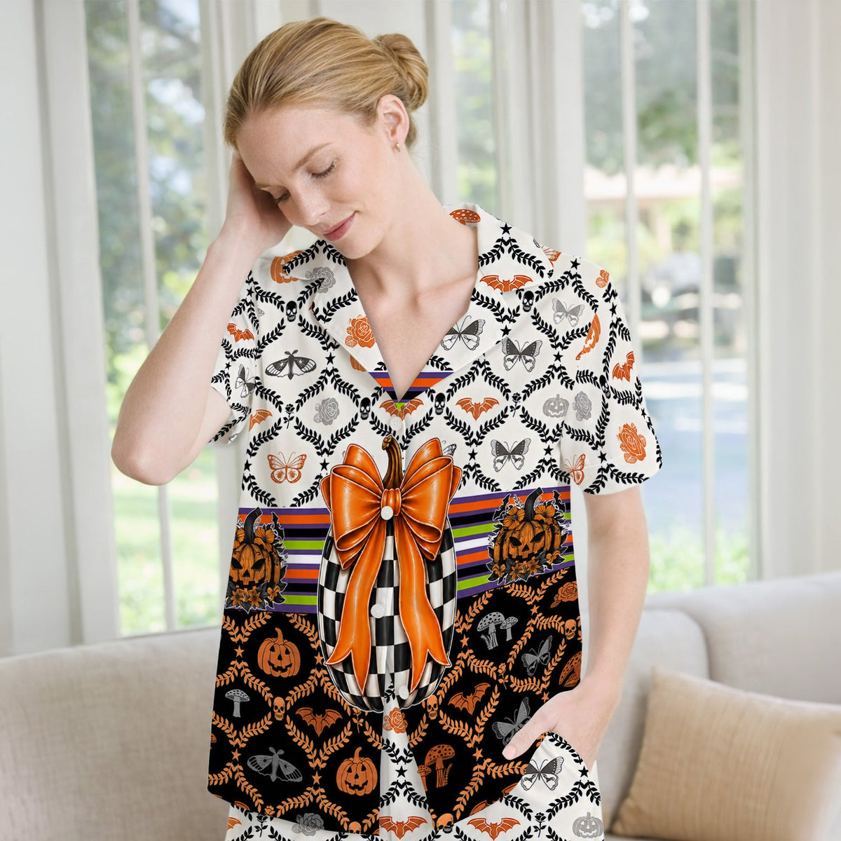Checkered Pumpkin Bow Pajama Set - Halloween Gift For Nurse