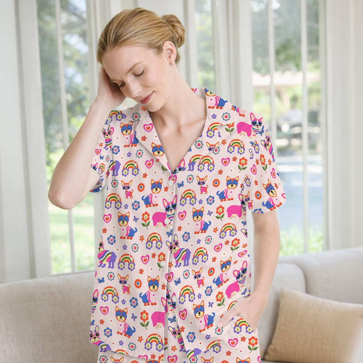 Colorful Cartoon Dogs Rainbow Flowers Pajama Set