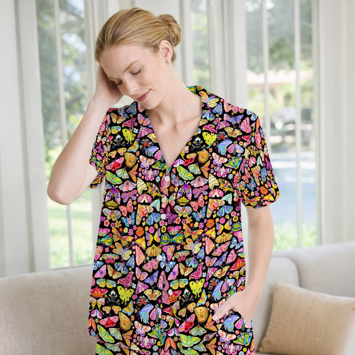 Cute Bright Butterfly Moth Floral Pajama Set
