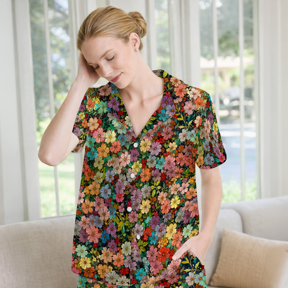 Colorful Wildflower Garden Bloom Pattern Pajama Set