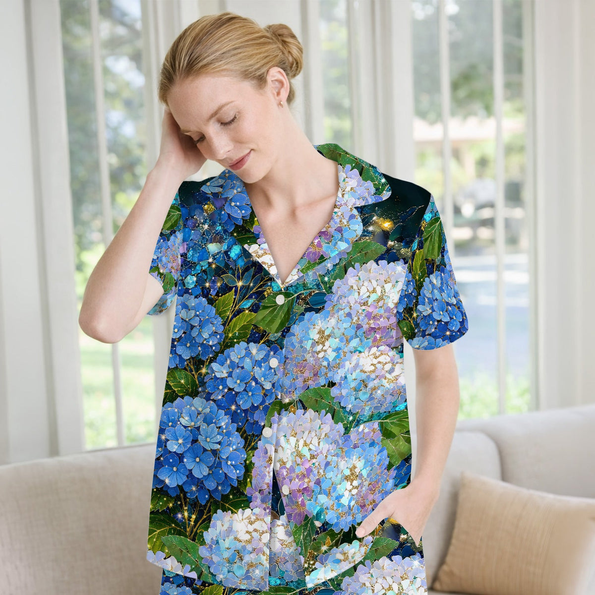 Blue Hydrangea Floral Nurse Pajama Set