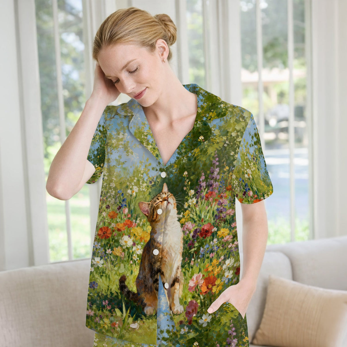 Whimsical Garden Cat Blossom Pajama Set