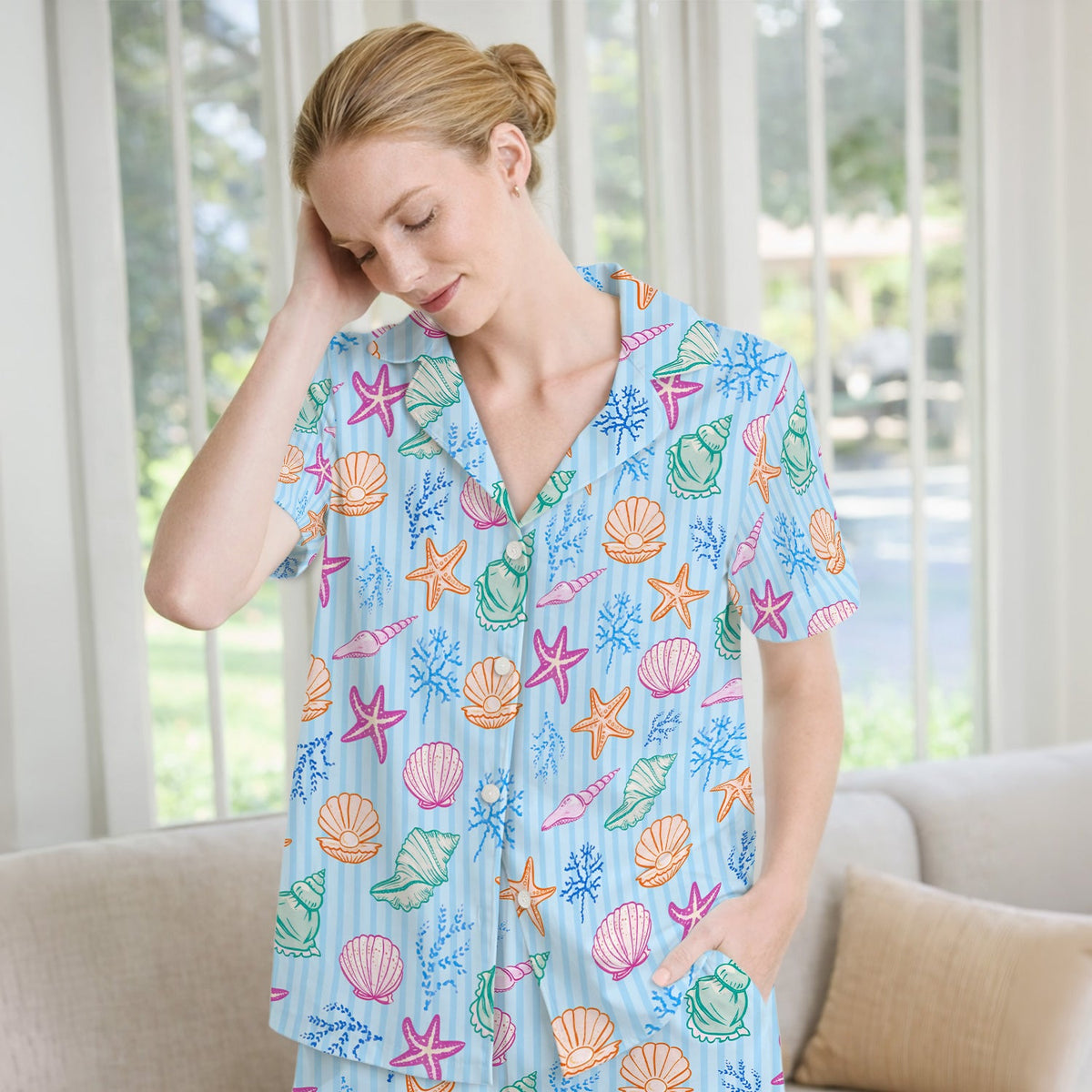 Colorful Seashell Starfish Ocean Stripe Pajama Set