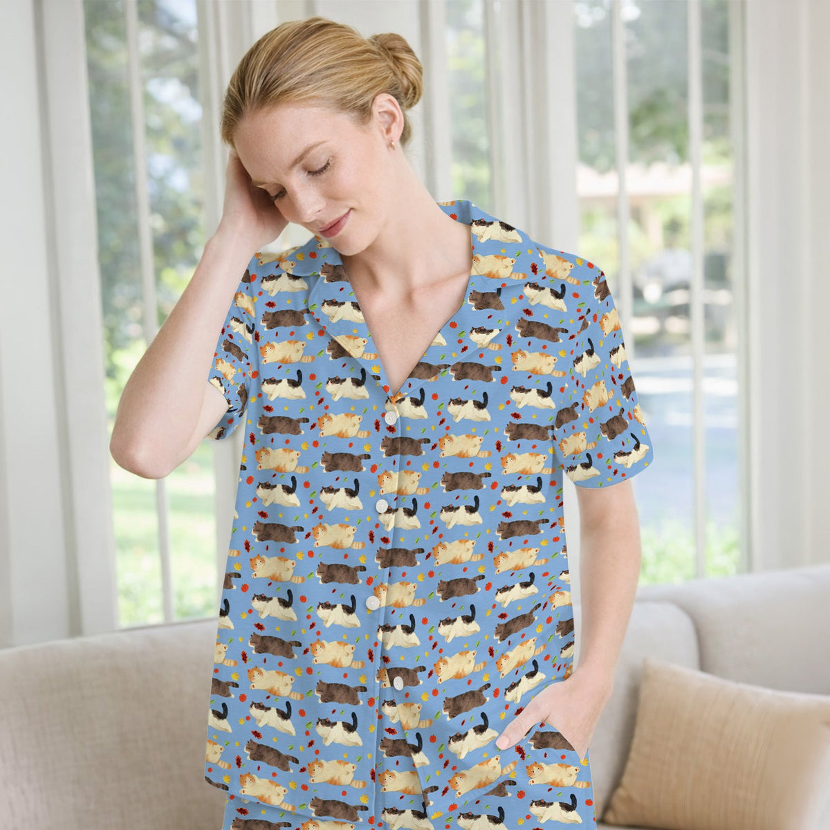 Personalized Chubby Cat Autumn Leaves Pajama Set
