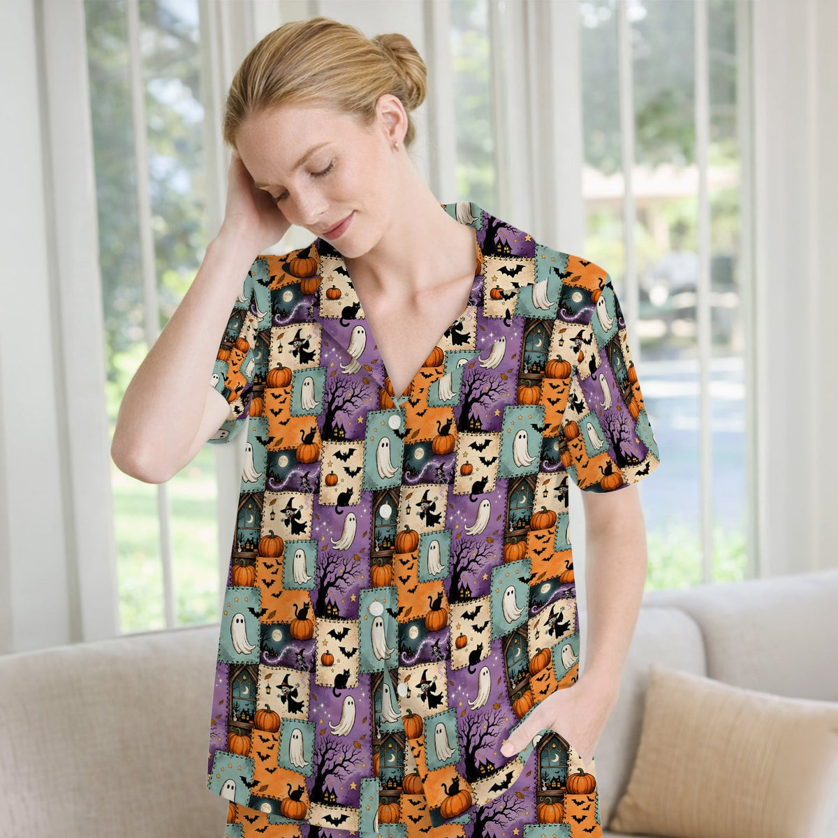 Spooky Ghost Black Cat Patchwork Pajama Set