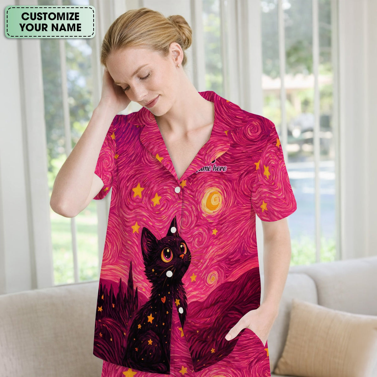 Personalized Black Cat Galaxy Star Swirl Pajama Set
