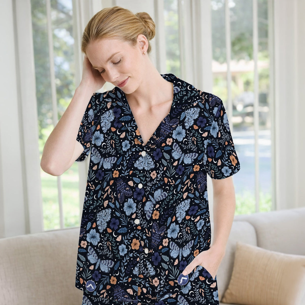 Night Moth Butterfly Floral Nurse Pajama Set