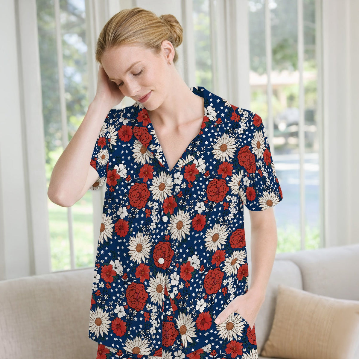 Red White Blue Floral Pajama Set