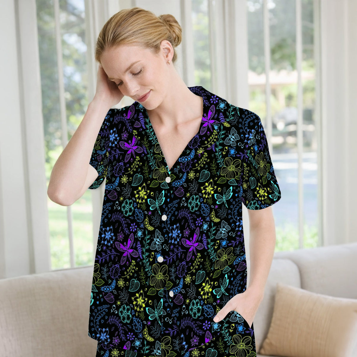 Neon Butterfly Floral Garden Pajama Set