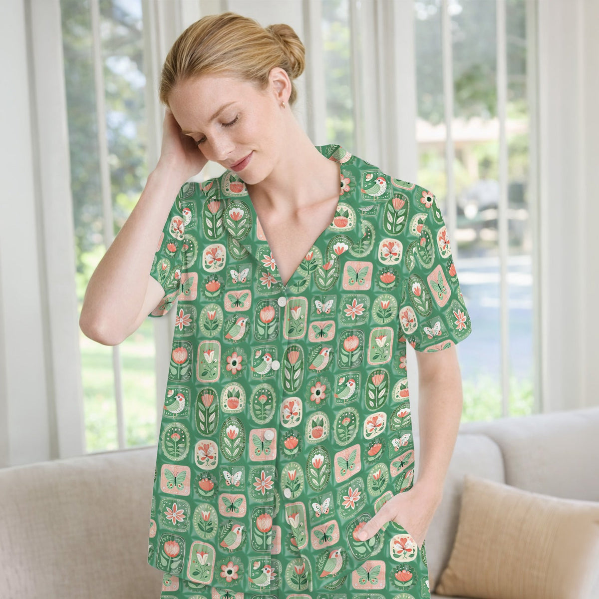 Folk Art Floral Bird Butterfly Garden Pajama Set