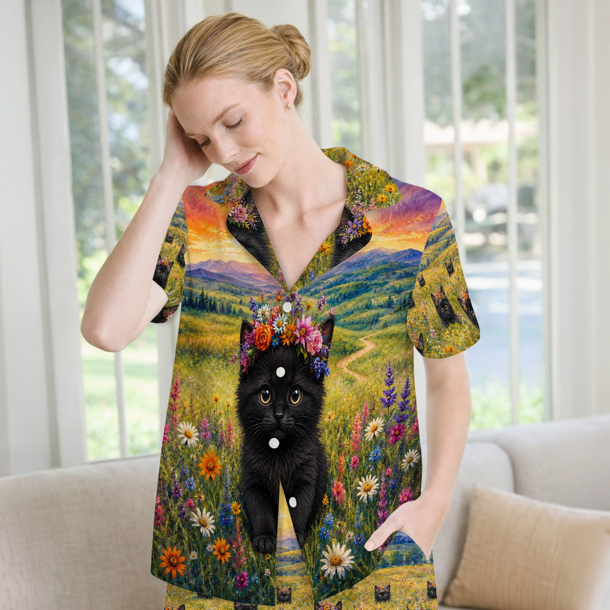 Black Kitten Flower Meadow Pajama Set