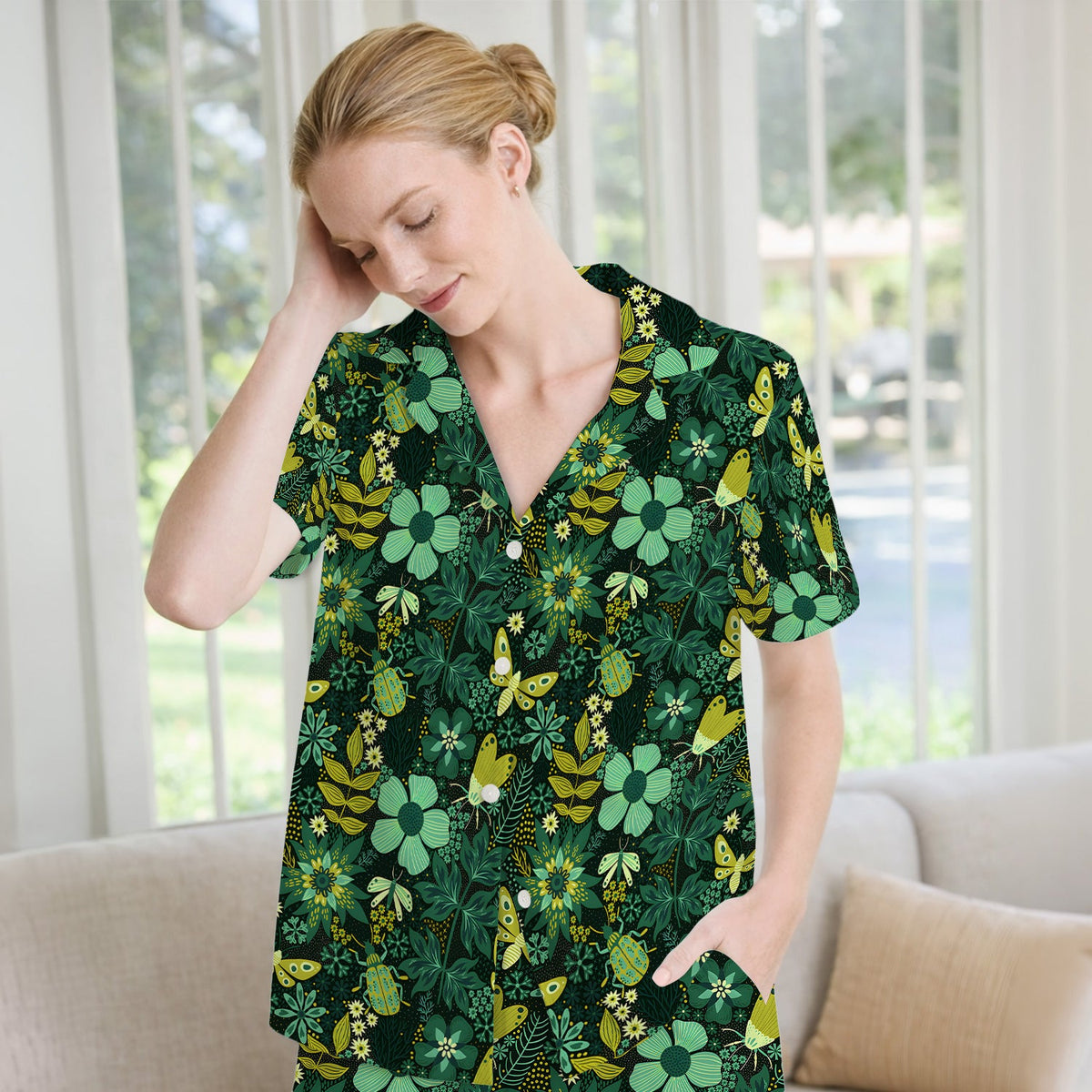 Green Botanical Butterfly Pajama Set