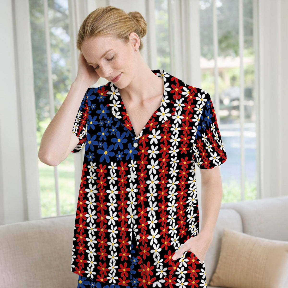 Retro Red Blue Daisy Pajama Set