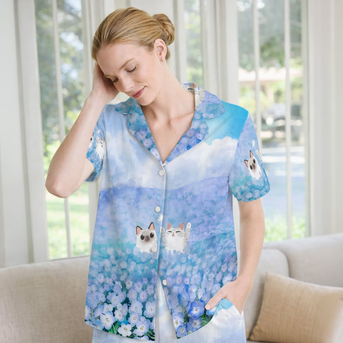 Dreamy Cat Cloud Hydrangea Nurse Pajama Set