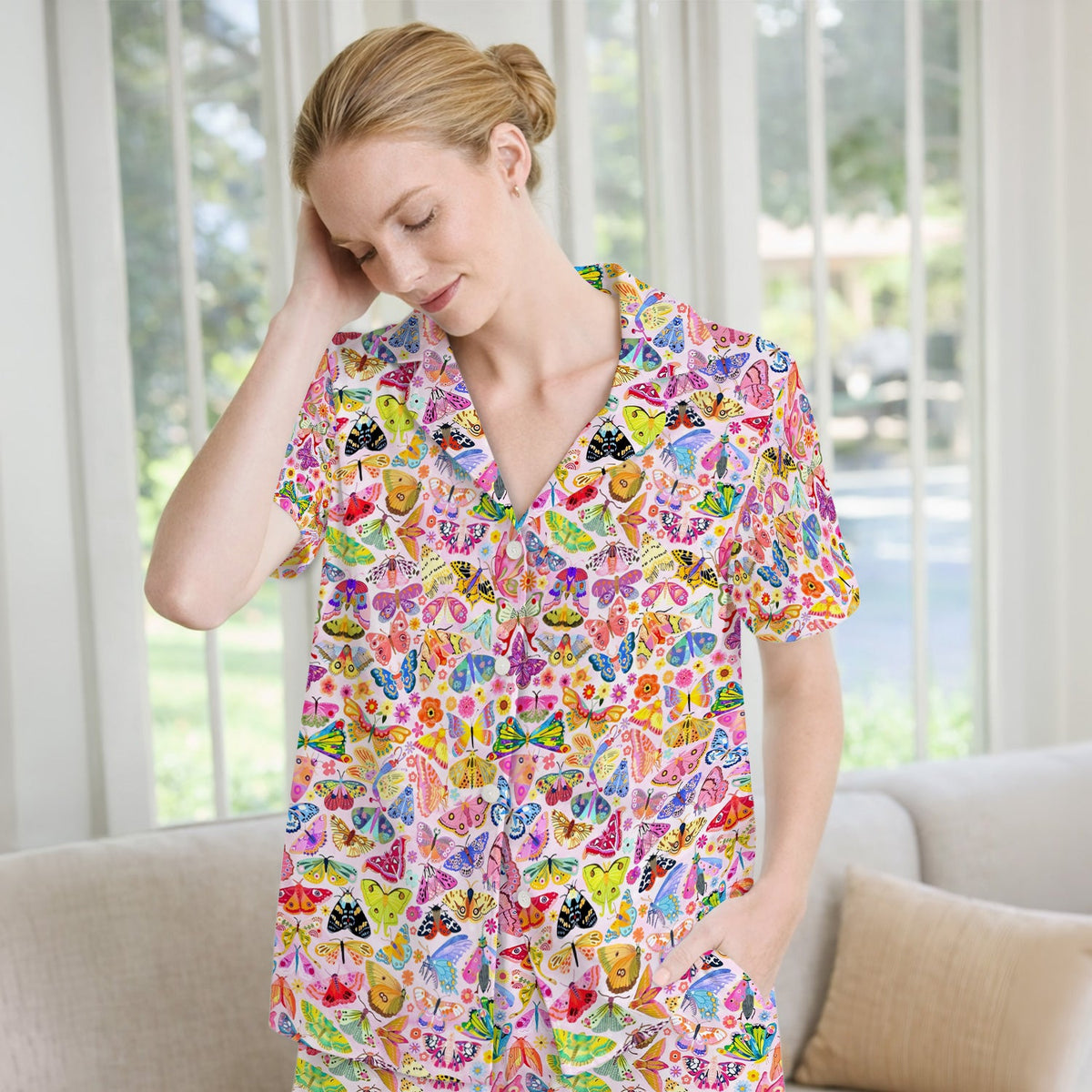 Cute Bright Butterfly Moth Floral Pajama Set