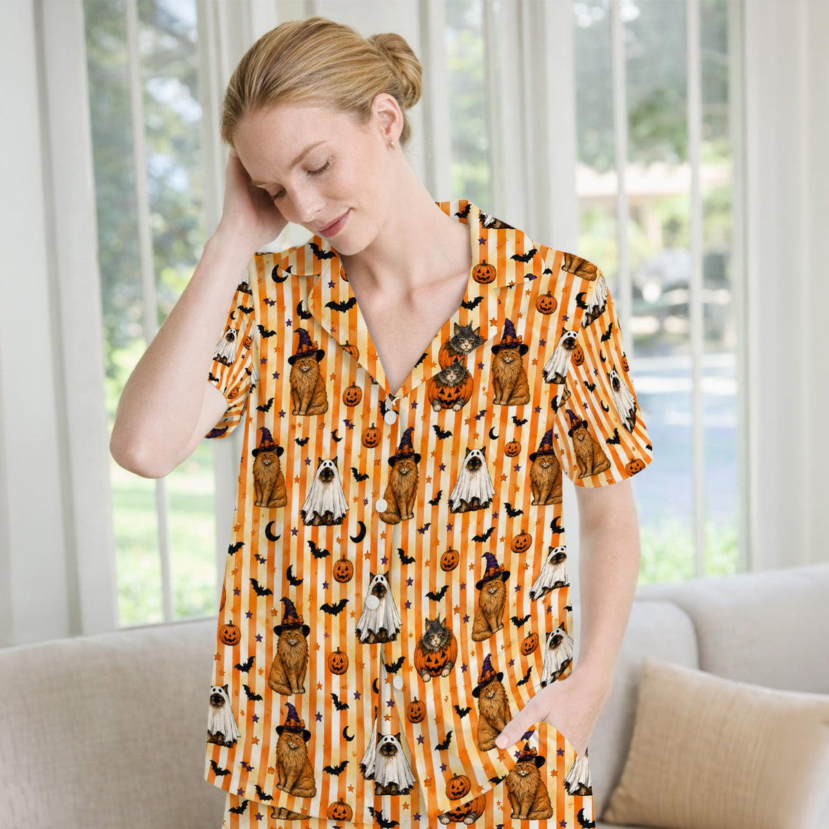 Cat Print Pajama Set - Halloween Gift For Nurse