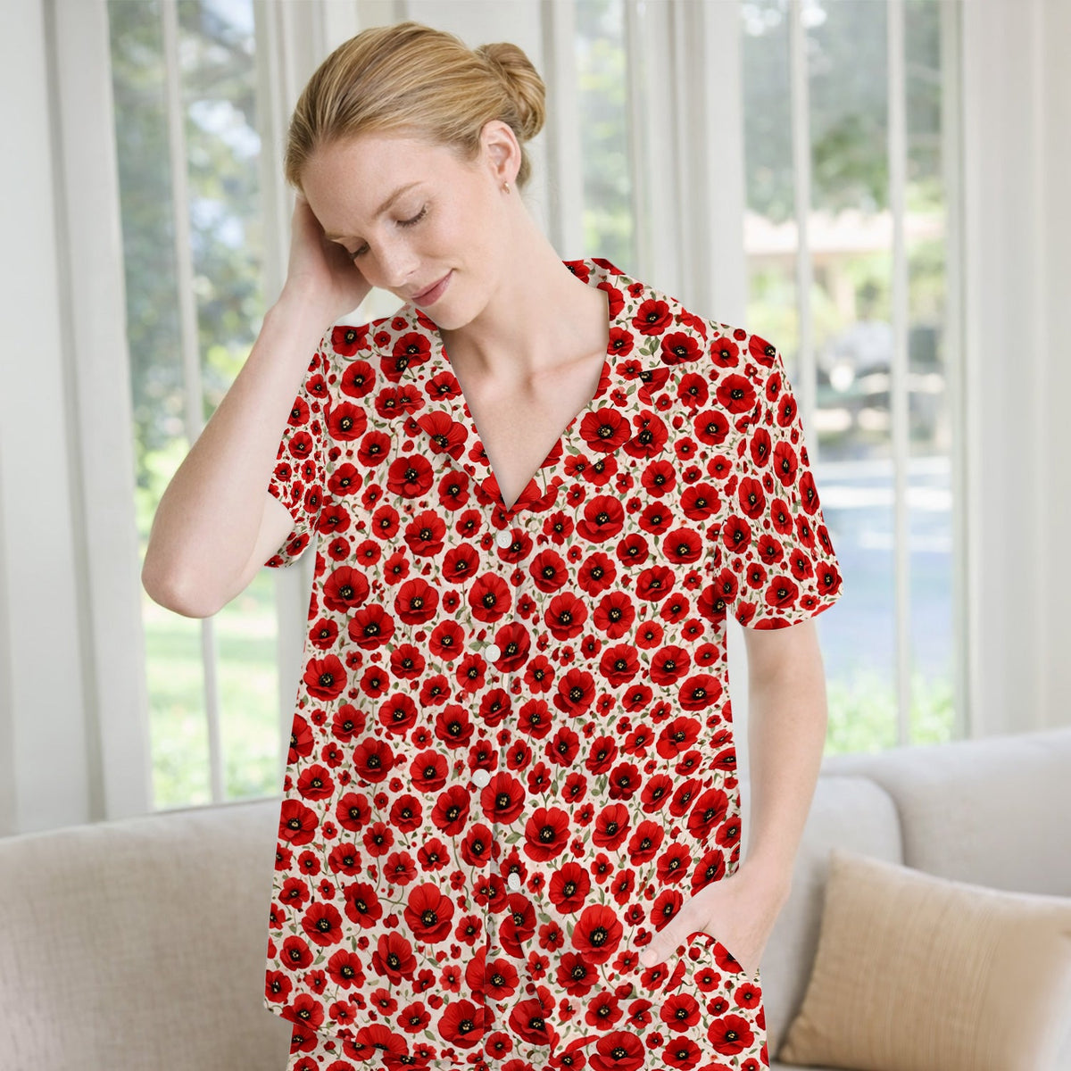 Red Poppy Flower Garden Pajama Set