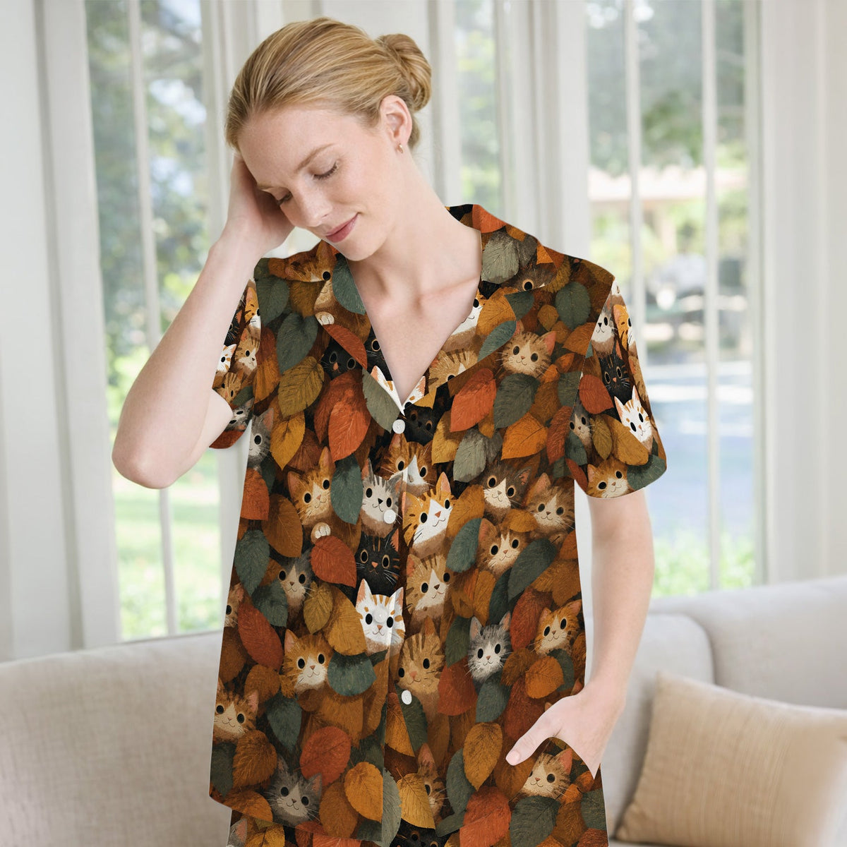 Cute Autumn Cat Leaf Pile Pajama Set