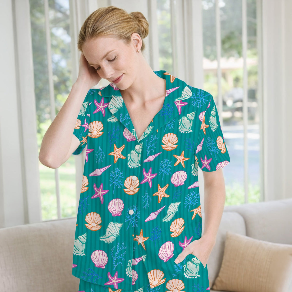 Colorful Seashell Starfish Ocean Stripe Pajama Set