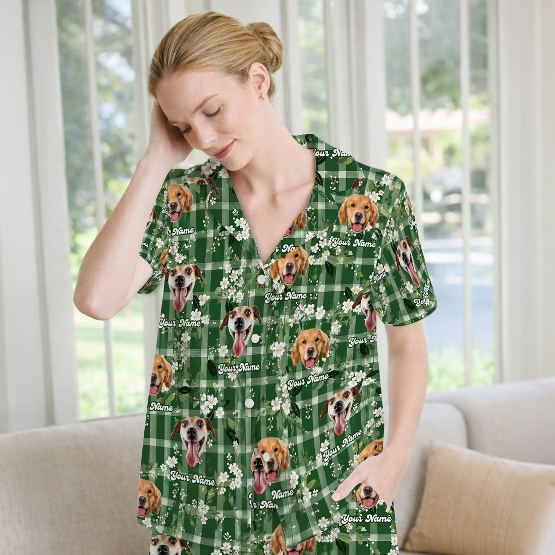 Dog Face Green Plaid Floral Pajama Set