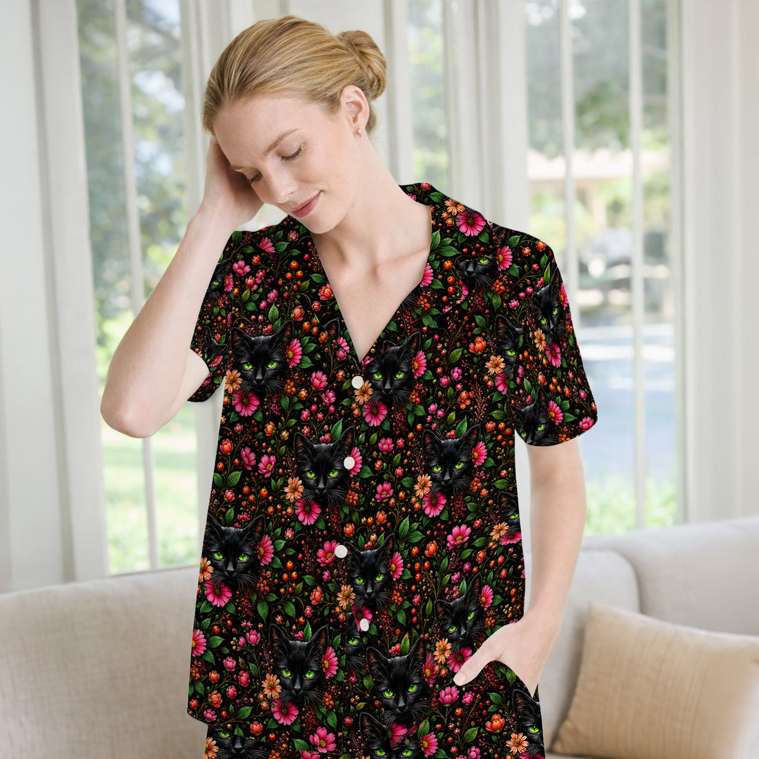 Adorable Black Cat Blossom Pajama Set