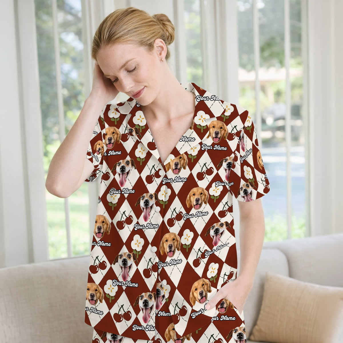 Dog Face Cherry Argyle Pajama Set