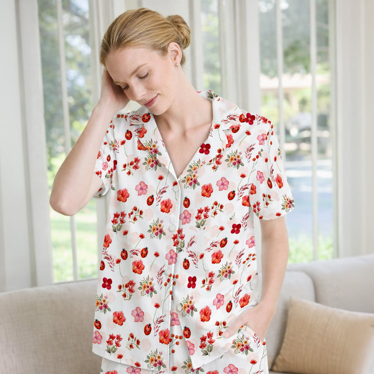 Red Ladybug Floral Garden Pajama Set